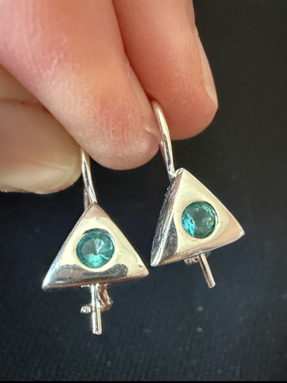 New 925 sterling silver triangle earrings with blue topaz (?) gemstones